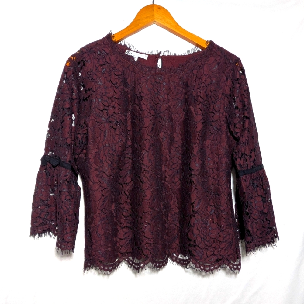 Talbots RSVP Burgundy & Black Lace Blouse, Office to Evening, Sz L Petite